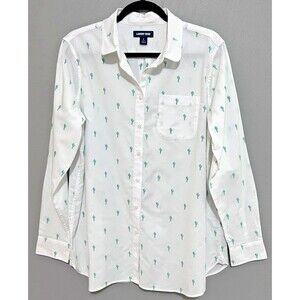 Lands' End White Button-Down Shirt with Teal Cactus Print
